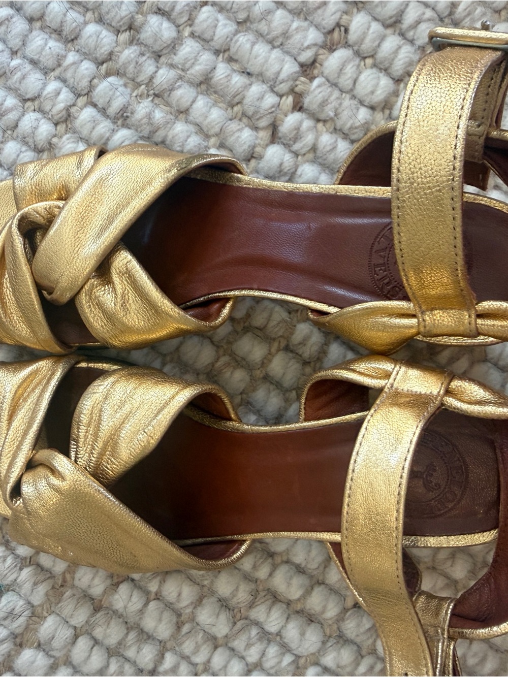 Penelope Chilvers Metallic Gold Knotted Leather Sandals